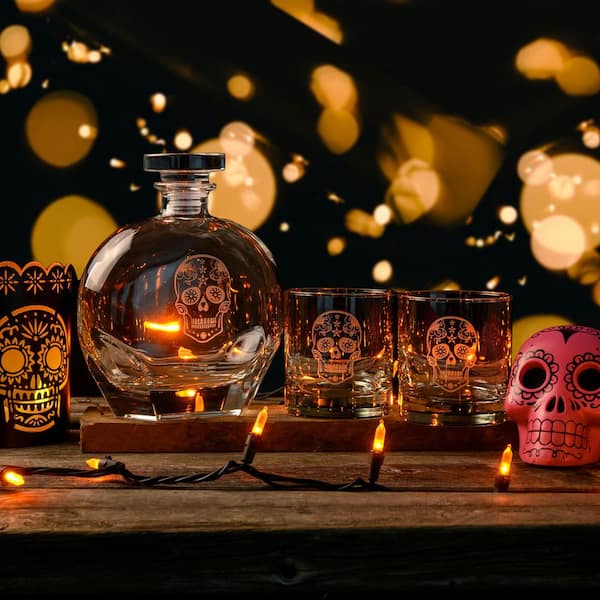 Sugar Skull 3 Piece Gift Set | Whiskey Decanter and Rocks Glasses