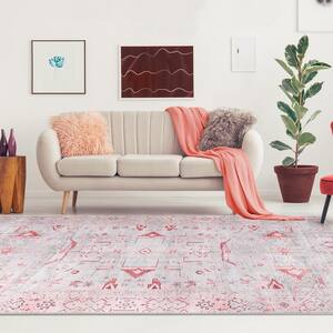Aria Berry Red 5 ft. 7 in. x 8 ft. 9 in. Boho Geometric Distressed Polyester Indoor Area Rug