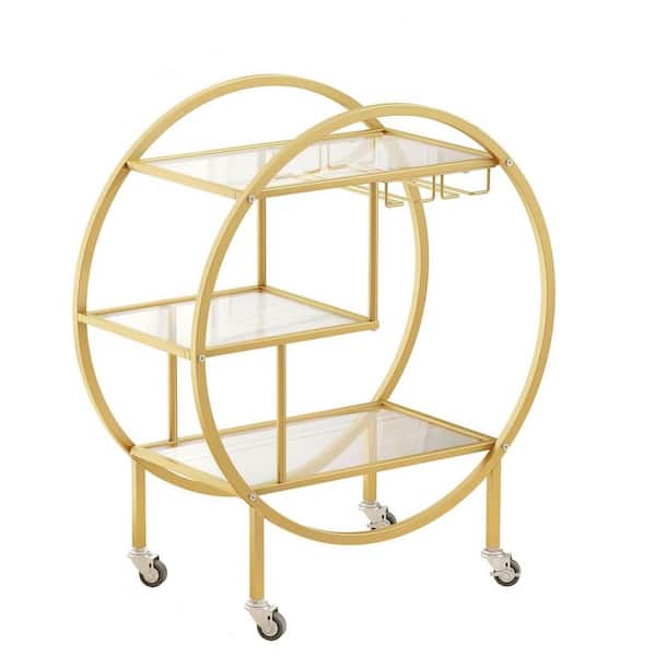 Anqtovp 3-Tier Rolling Bar Serving Kitchen Carts with Glass Shelves & Wine Rack in Gold