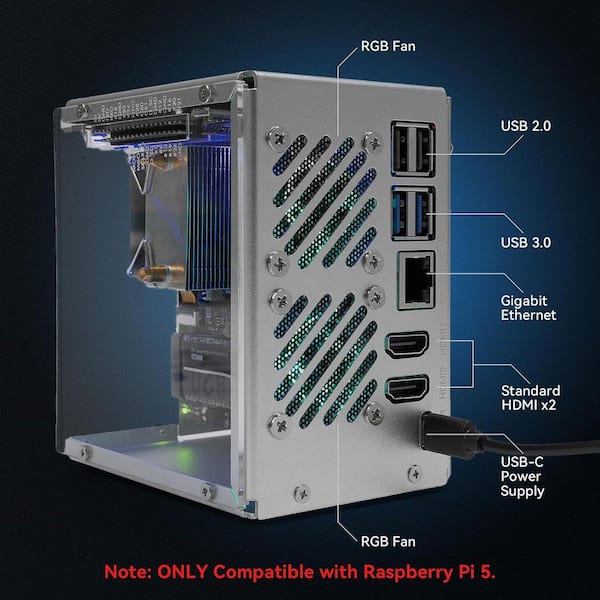 OBJLGEV Mini PC Case for Raspberry Pi 5 with NVMe M.2 SSD