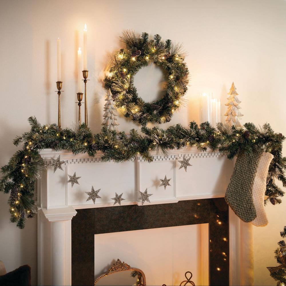 9-Foot Pre-lit Flocked Pine Christmas Garland with Pinecones and Gold Accents