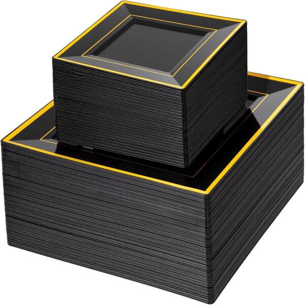 Square Black and Gold Plastic Plates Set, 100-Piece, 50 Dinner 50 Dessert, Durable Disposable Plates