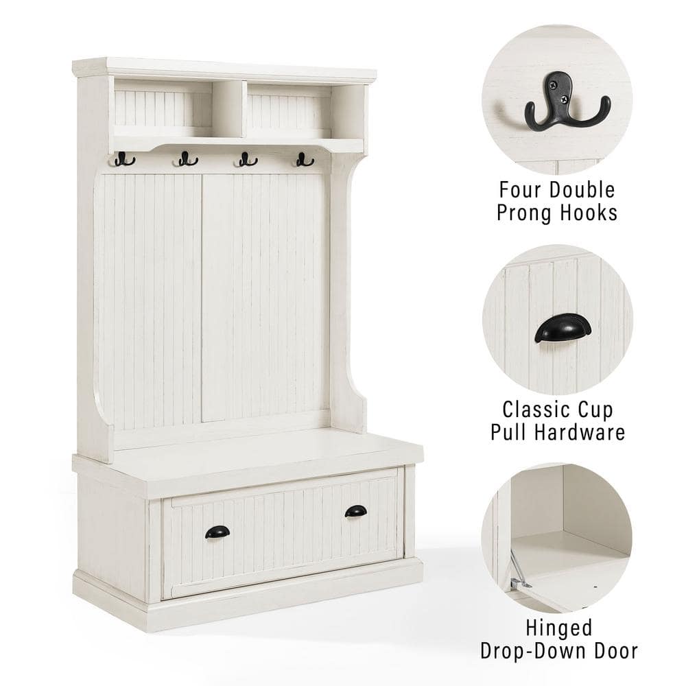 Seaside Solid Hardwood & Veneer Hall Tree in Distressed White