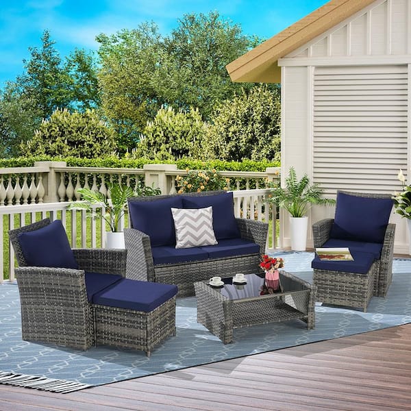Sudzendf 6-Piece Metal Outdoor Metal All Weather Wicker Rattan Outdoor Sofa Conversation Set with Dark Blue Cushion