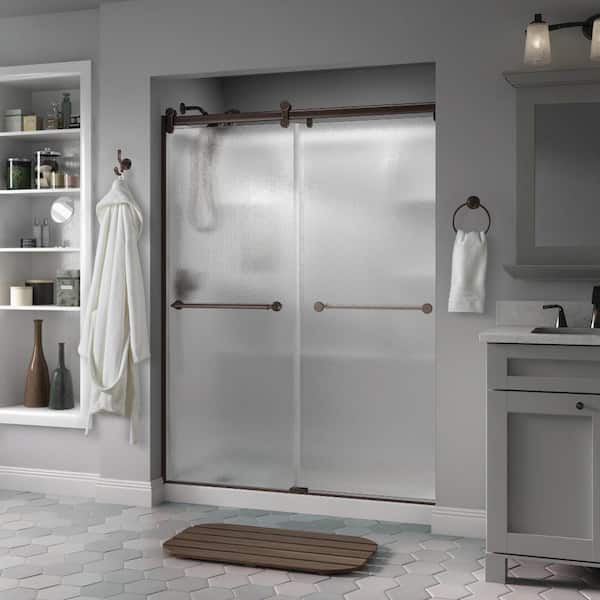 Delta Mandara 60 x 71 in. Frameless Contemporary Sliding Shower Door in Bronze with Rain Glass