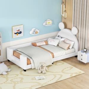 White Wood Twin Size Teddy Fleece Upholstered Daybed with Cartoon Ears Shaped Headboard, Additional Legs
