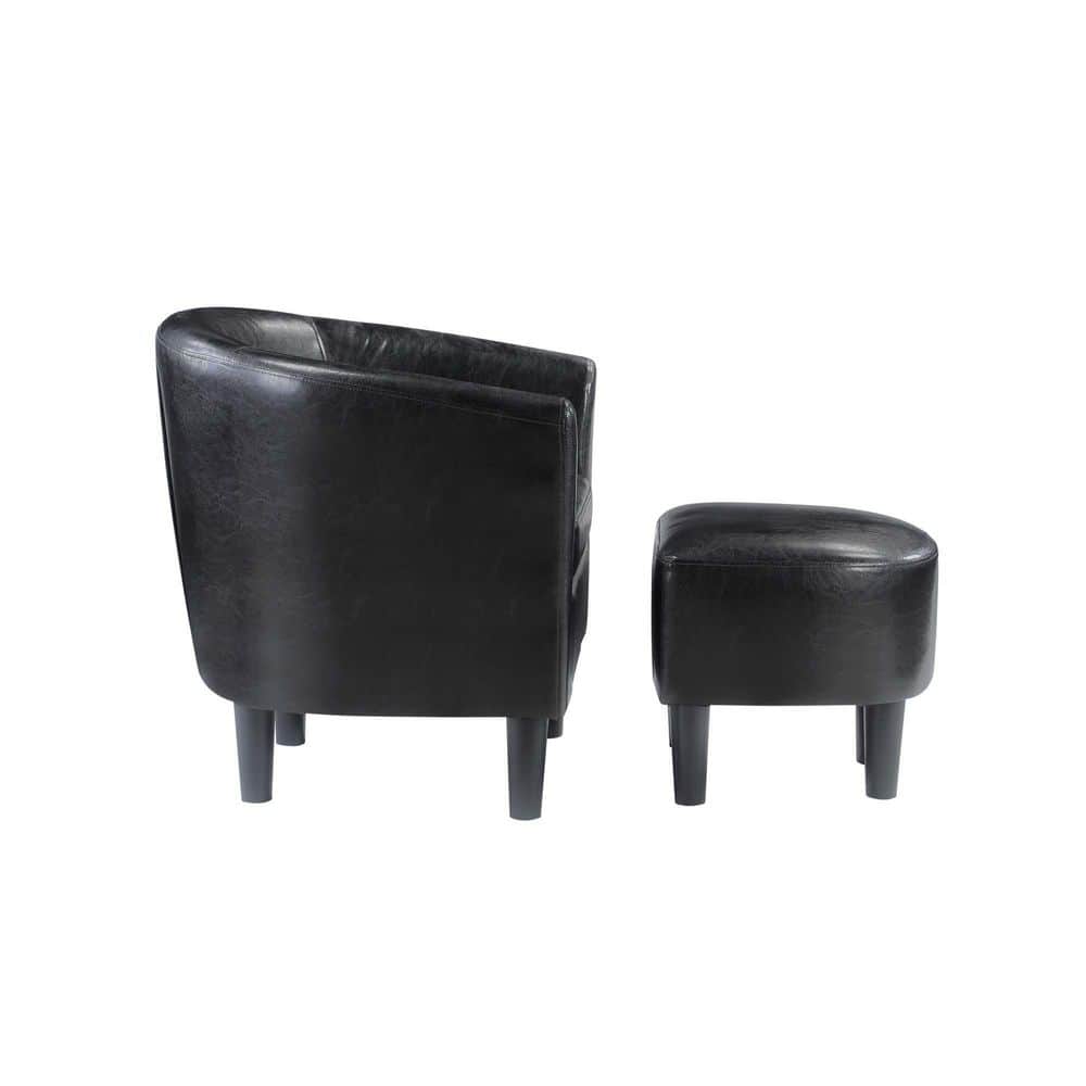 Contemporary Black Faux Leather Barrel Accent Chair and Ottoman