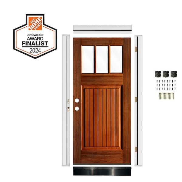 DIY RTA Kit 36 in. x 80 in. Right-Hand/Inswing 3-Lite Clear Glass Red Chestnut Stain Hemlock Wood Front Door /VG