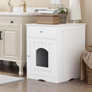 19 in. x 21 in. Wooden Pet House Cat Litter Box Enclosure with Drawer, Side Table, Indoor Pet Crate-White