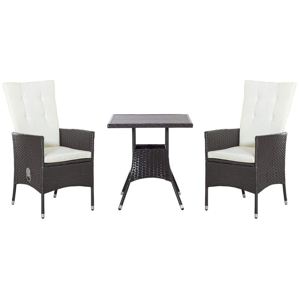 Luxe Off-White PE Rattan 3-Piece Outdoor Recliner Set with Wood-Grain Table
