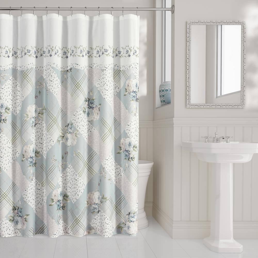 Spa Blue and White Floral Patchwork Polyester Shower Curtain 70 x 72 in.