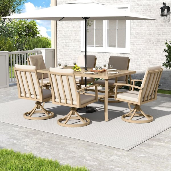 Serenity Gardens 7-Piece Beige Aluminum Outdoor Dining Set with 6 Swivel Dining Chairs and Cushions