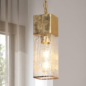 Mid-Century Modern Kitchen Island Pendant Light 1-Light Gold Rectangle Pendant Light with Cracked Glass Shade