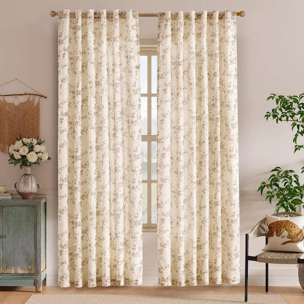 Taupe Polyester Floral Back Tab Room Darkening Curtain (Double