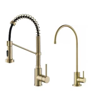 Bolden Single Handle Pull-Down Kitchen Faucet and Purita Beverage Faucet in Spot Free Antique Champagne Bronze Finish