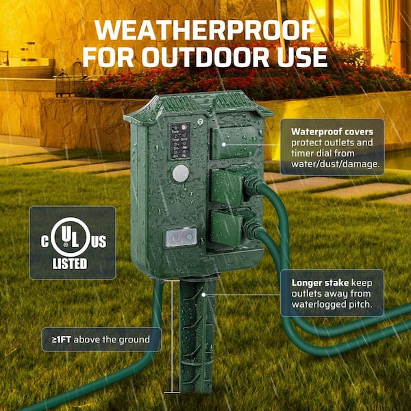 Outdoor Power Stake Timer Waterproof, 100 ft. Wireless Remote Control, 6 Grounded Outlets, 6 ft. Extension Cord
