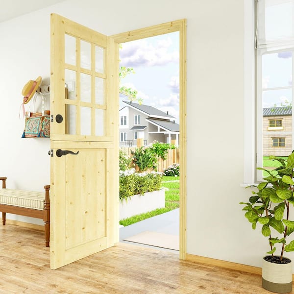 30 in. x 80 in. Universal 9-Lite Clear Glass Unfinished Exterior Door with Lock Knotty Solid Wood Front Door Slab-Dutch