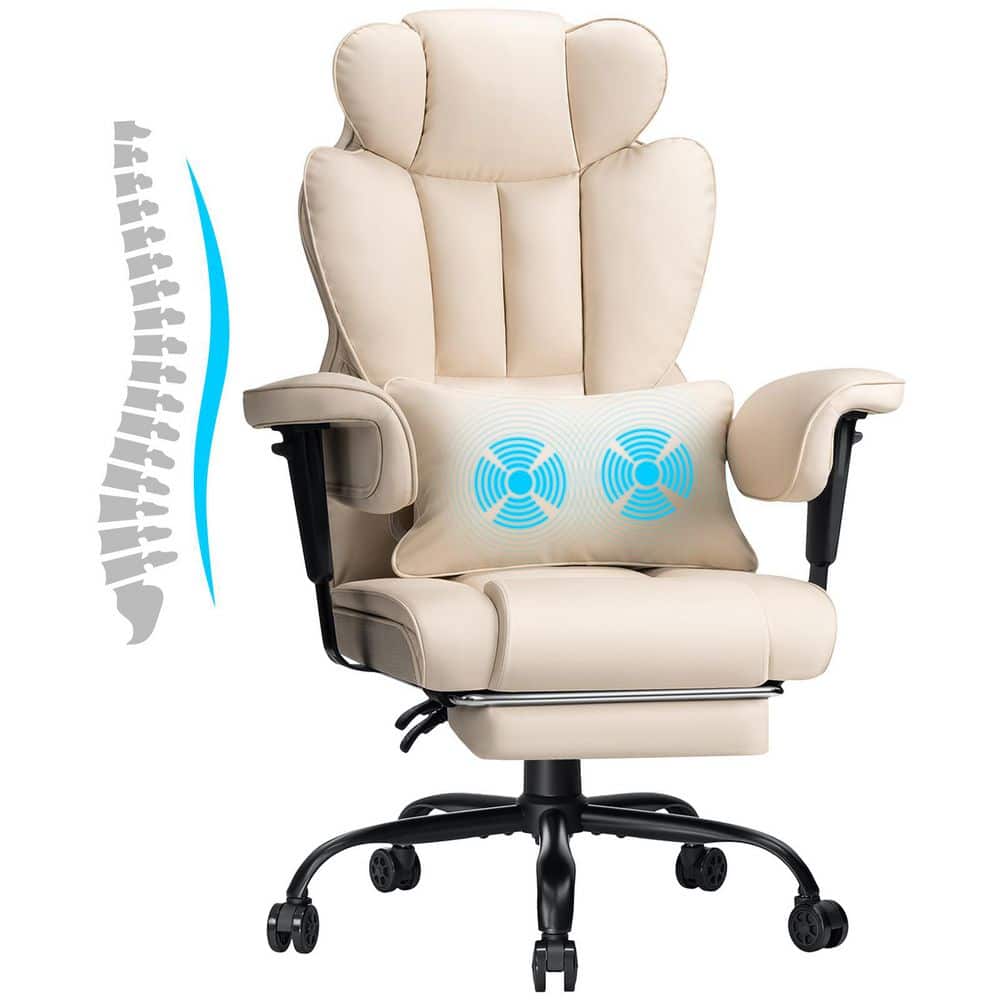 Beige Faux Leather Ergonomic Executive Chair with Adjustable Arms and Metal Base