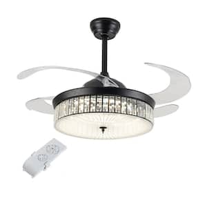 42 in. Integrated LED Black Indoor Crystal Decor Retractable Blades Ceiling Fan with Remote Control