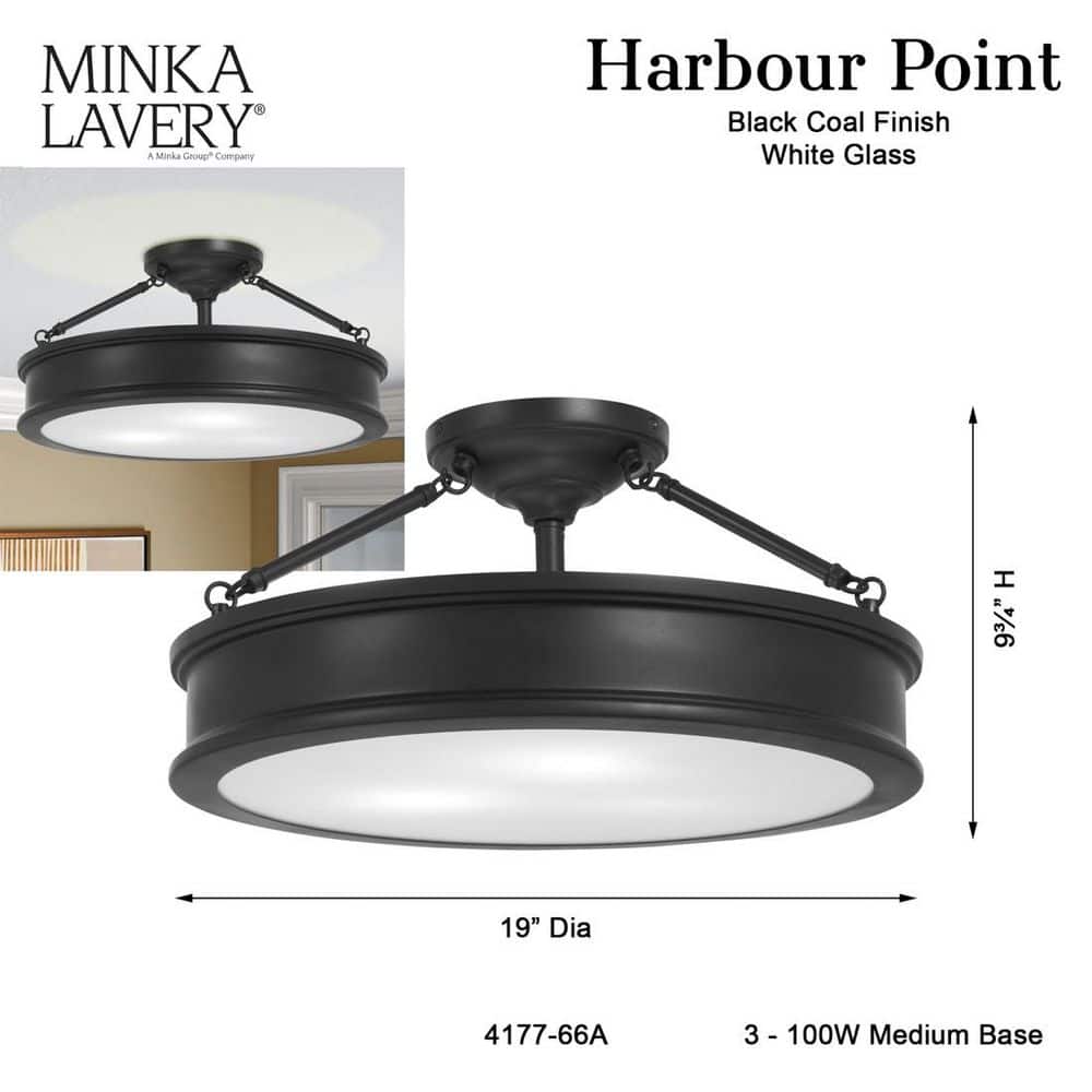 Coal Finish 3-Light Semi-Flush Mount with Glass Shade