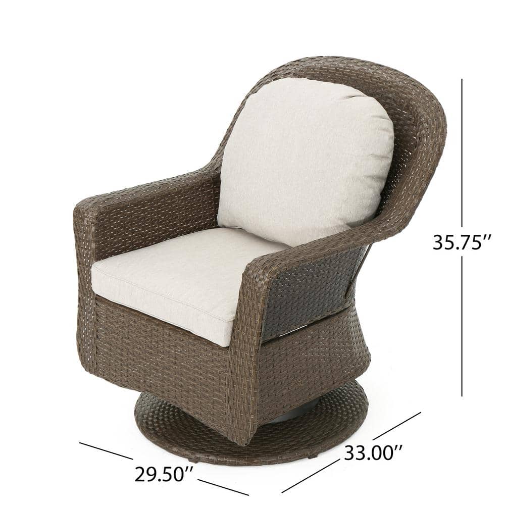 Brown Iron-Framed Wicker Swivel Lounge Chairs with Gray Cushions