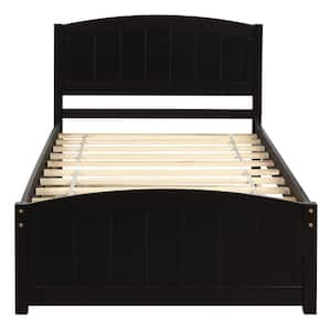 Espresso Twin Size Wood Platform Bed with Trundle, Wood Kid Captain Bed Frame with Headboard and Footboard