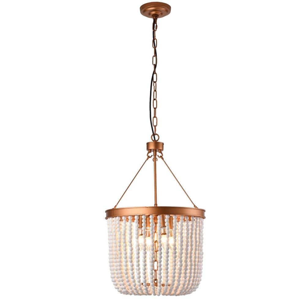 OUKANING 4Light Gold Retro Farmhouse Beaded Pendant Light with Wood