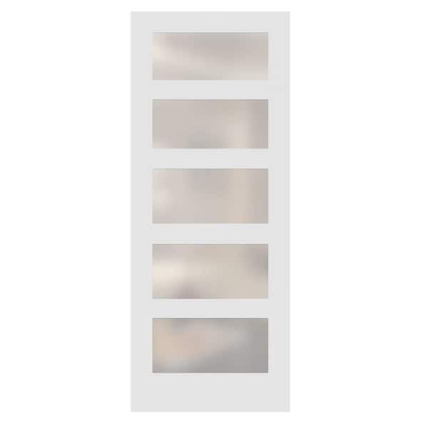 24 in. x 80 in. Left-Handed 5-Lite Satin Etched Glass Solid Core Primed Wood MDF Single Prehung Interior Door