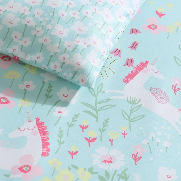 Laura Ashley Magical Unicorns 4 Piece Aqua Blue/Pink Microfiber