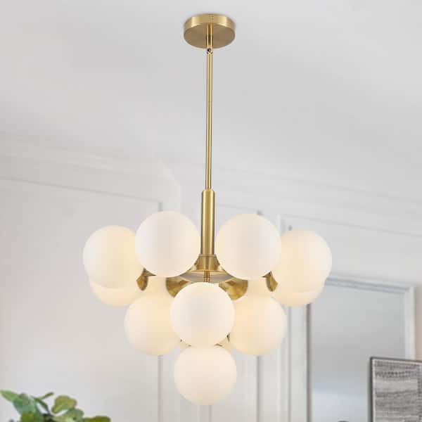 22. 44 in. 13-Light Gold Modern Sputnik Atomic Tiered Bubble Cluster Chandelier with Opal Glass Globe for Bedroom Foyer