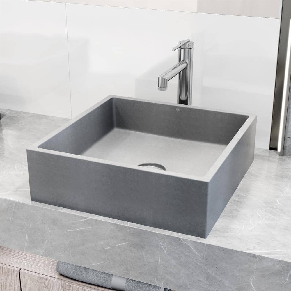 Gray Concrete Square Vessel Sink with Chrome Faucet