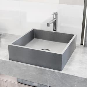 Alhambra Concreto Stone Square Bathroom Vessel Sink in Gray with Sterling Faucet and Pop-Up Drain in Chrome