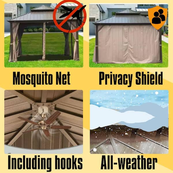 8 ft. x 8 ft. Brown Hardtop Gazebo, Aluminum Metal Gazebo with Galvanized Steel Double Roof Canopy, Curtain and Netting