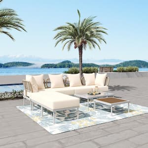 8-Piece Metal Outdoor Sectional Sofa Set with Tempered Glass Coffee Table, Wooden Coffee Table and Beige Cushions