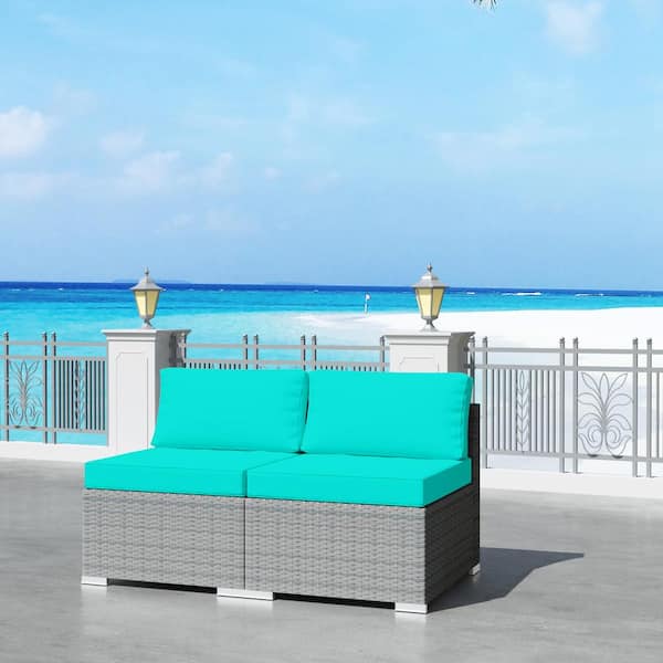 JOYSIDE 2-Piece Wicker Outdoor Patio Rattan Furniture Sectional Conversation Set with Turquoise Blue Cushion