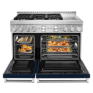48 in. 6.3 cu. ft. Smart Double Oven Commercial-Style Gas Range with Griddle and True Convection in Ink Blue