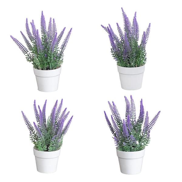 8 in. Purple Artificial Lavender in White Pot - Set of 4