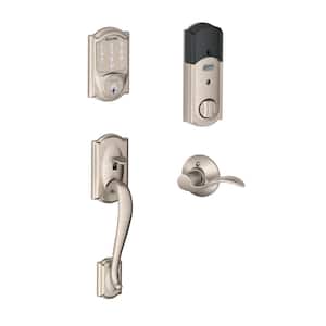 Camelot Satin Nickel Sense Smart Deadbolt and Camelot Handleset with Accent Lever with Camelot Trim