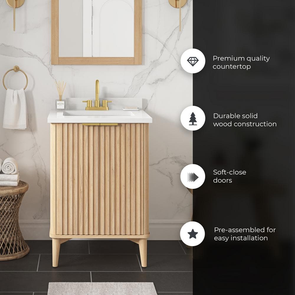 Gabi 24 in Rustic Ash Single Bathroom Vanity with White Marble Top