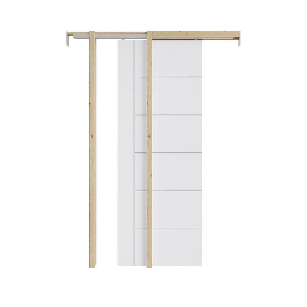 32 in. x 80 in. White Primed Horizontal 6-Panel Molded Solid Core Wood Pocket Door w/ Door Frame, Hardware + Soft Close price history on PriceWatchPro