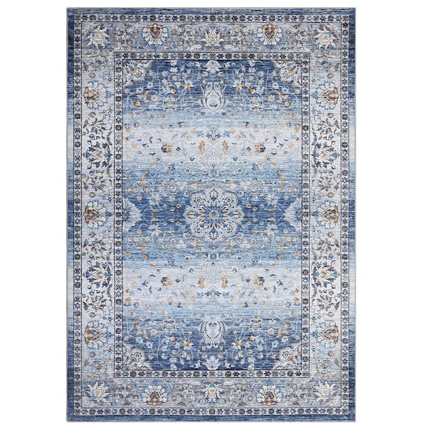 Soft Vintage Distressed Carpet Short Pile Non-slip Rug Washable Printed Rug Living Room Decorative Rug Blue 8X10ft