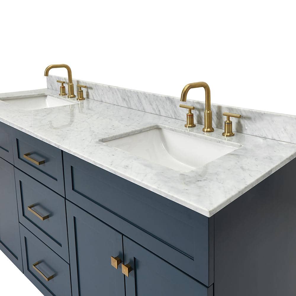 Midnight Blue Double Sink Freestanding Vanity with White Marble Top