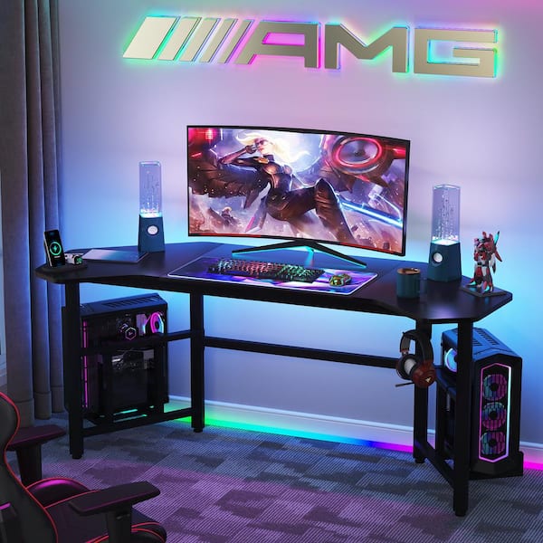 Havrvin 66-in. Wing-Shaped Black MDF Gaming Desk, Computer Desk Studio  Workstation Pc Desk Gamer Table for Streamer