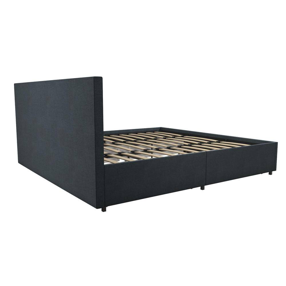 Navy Blue King Linen Upholstered Storage Bed with Tufted Headboard