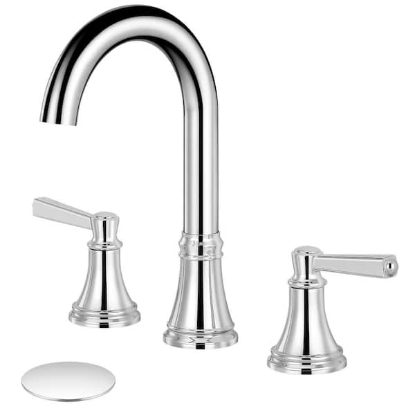 AKLFGN 8 in. Widespread Double-Handle High-Arc Bathroom Faucet with pop drain in Polish Chrome