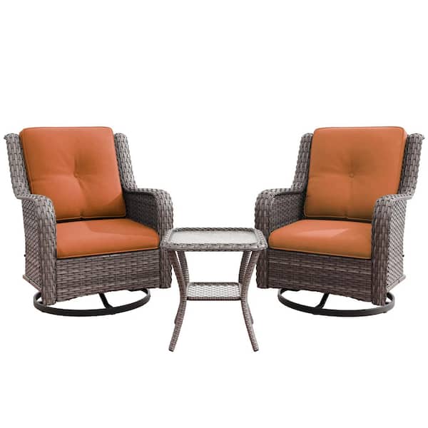 3-Piece Wicker Swivel Outdoor Rocking Chairs Patio Conversation Set with Orange Cushions