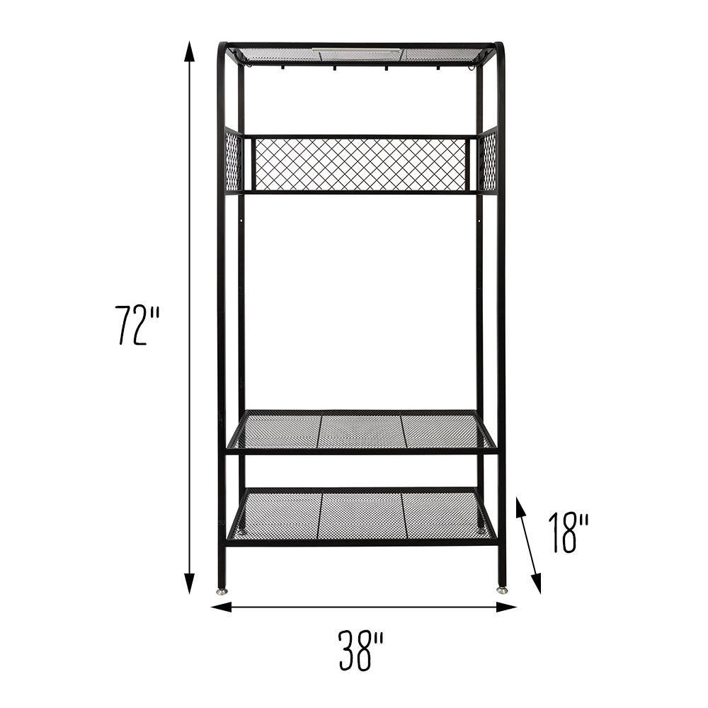 Black Steel 3-Shelf Storage Rack with Hanging Bar and Hooks