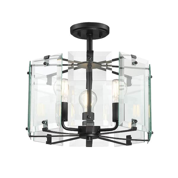 Harper 15 in. 3-Light Black Modern Entryway Semi-Flush Mount with Beveled Clear Glass Panels