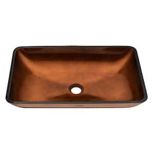 Glass Rectangular Vessel Sink in Rich Chocolate Brown Finish Gold Faucet aGold Pop Up Drain