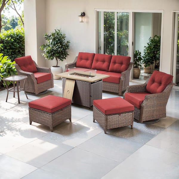Artisan Brown 7-Piece Wicker Outdoor Patio Fire Pit Conversation Set with Red Cushions and Swivel Gliders